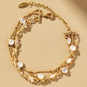 NWT Anthropologie Layered Crystal Bracelet White 14k Gold-plated Brass + Pouch